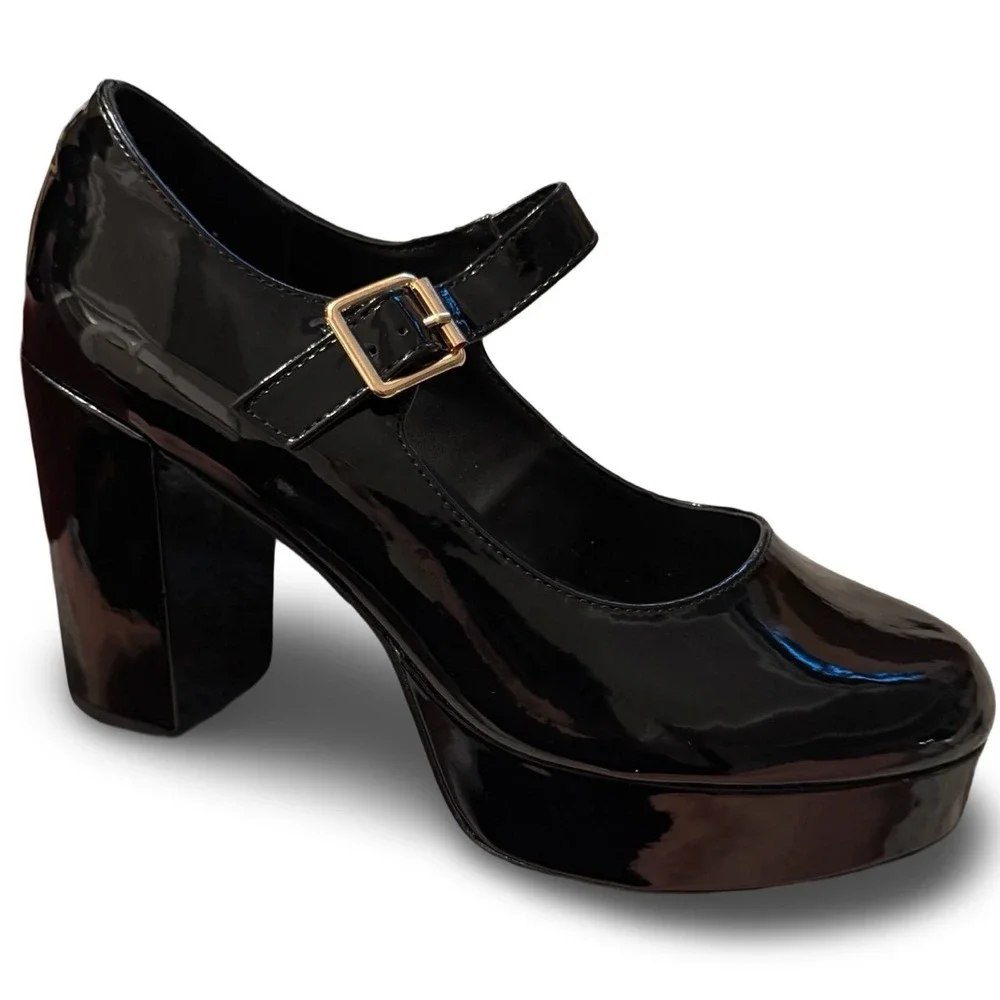 Coutgo Black Patent Leather Platform Mary Jane Block Heels Sz 11 NEW